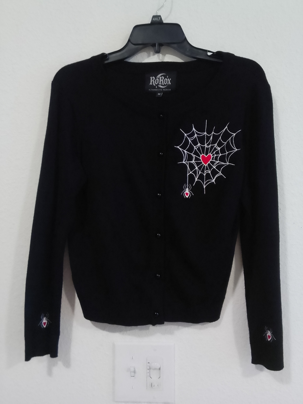 Black Button-Front Cardigan with Heart Spider Web Embroidery